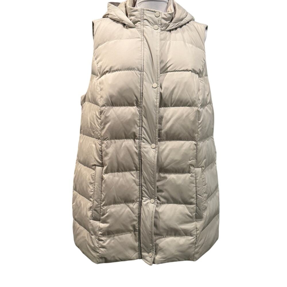 JJill Down Puffer Vest Hooded Beige Long Quilted Minimalist XL Quiet Luxury Chic